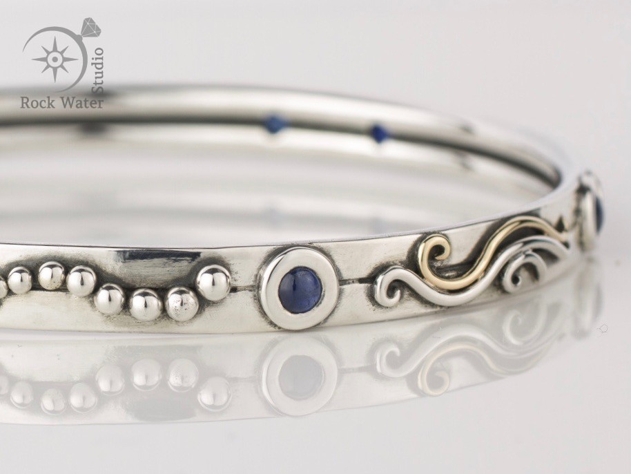 Handmade Silver Bangle with sapphires gift for his wife (g463)
